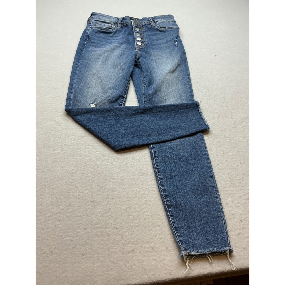 Kut from the Kloth High Rise Ankle Skinny Jeans Button Fly Blue 4 Distressed